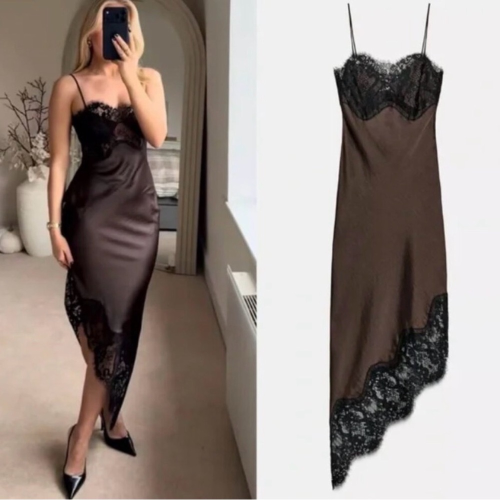 NWT Zara ASYMMETRIC SATIN LACE DRESS ZW COLLECTION Brown Black Medium